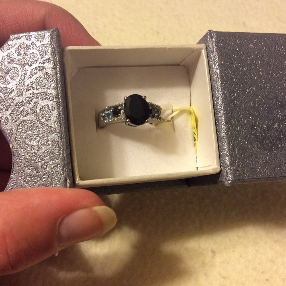 Thai black spinel, Swiss blue topaz ring